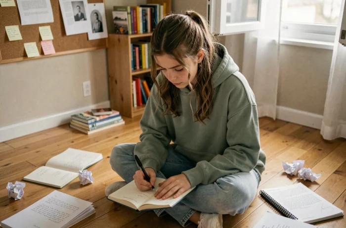 Adolescente assise sur le sol de sa chambre en train d'écrire dans un journal entouré de carnets et d'exercices d'écriture créative