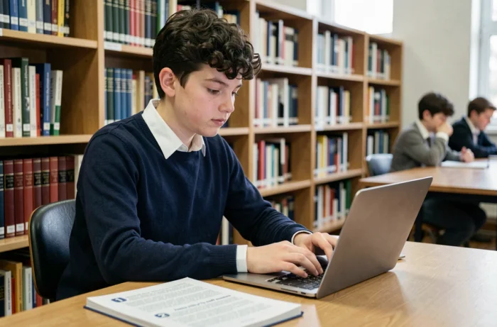 Adolescent concentré dans une bibliothèque scolaire avec un cahier d'exercices d'écriture PDF imprimé et un ordinateur portable