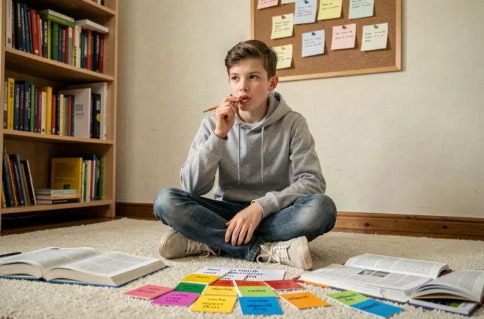 Adolescent révisant les classes grammaticales entouré de fiches et de manuels scolaires sur le sol de sa chambre
