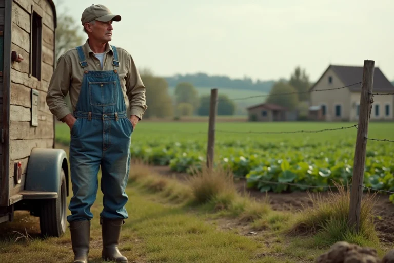 Agriculteur debout près d'une caravane garée en bordure d'un champ cultivé dans la campagne française