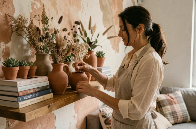 Femme aménageant une étagère murale en bois avec des vases en céramique et des plantes séchées dans un salon rénové au style naturel et chaleureux