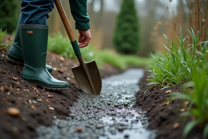 Homme aménageant une pente de jardin avec drain en gravier pour éliminer les zones d'eau stagnante et les gîtes larvaires
