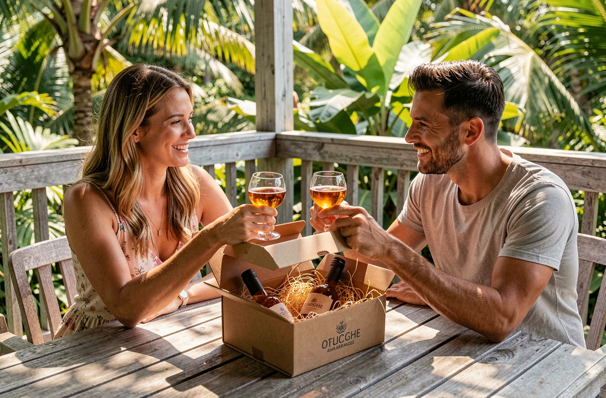Deux amis dégustant un rhum arrangé autour d'un coffret cadeau ouvert en terrasse tropicale