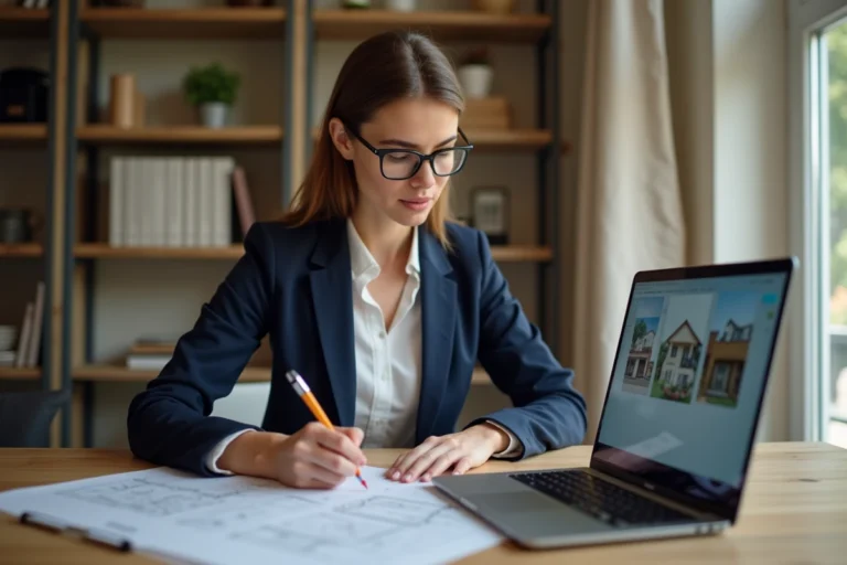 Femme professionnelle analysant les plans d'une visite virtuelle immobilière pour éviter les erreurs de tarification