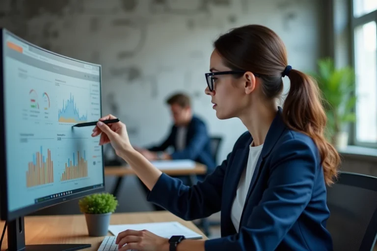Femme analyste SEO examinant des tableaux de bord de performance sur un écran d'ordinateur dans un bureau moderne