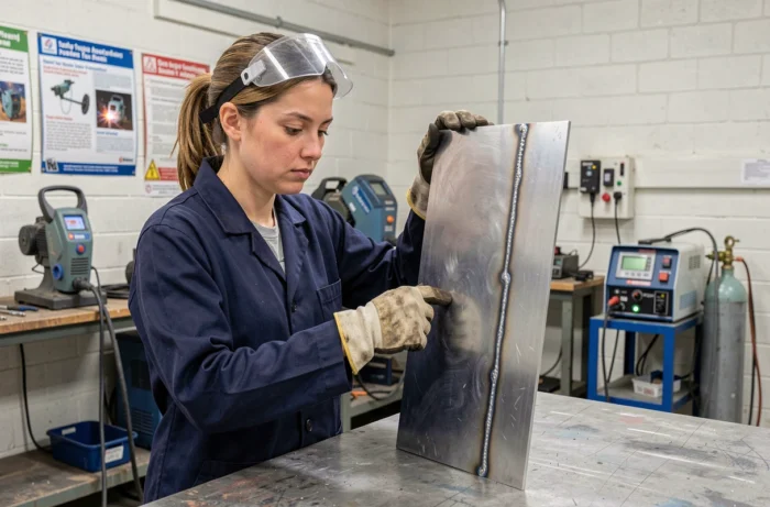 Apprentie soudeuse inspectant une pièce en aluminium soudée au MIG dans un atelier de formation professionnelle