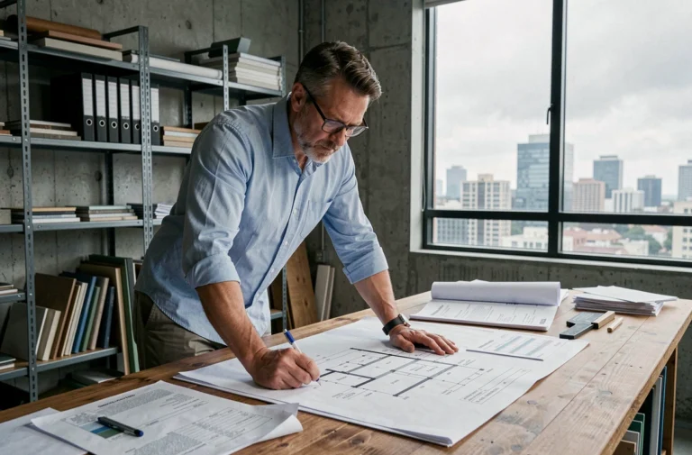 Architecte étudiant des plans de construction et des estimations de coûts sur un bureau en bois dans un bureau moderne