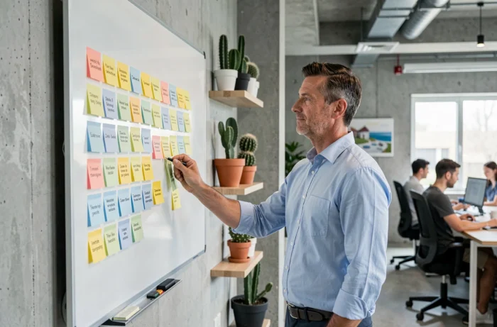 Homme organisant l'architecture d'un site web avec des post-it colorés sur un tableau blanc en agence