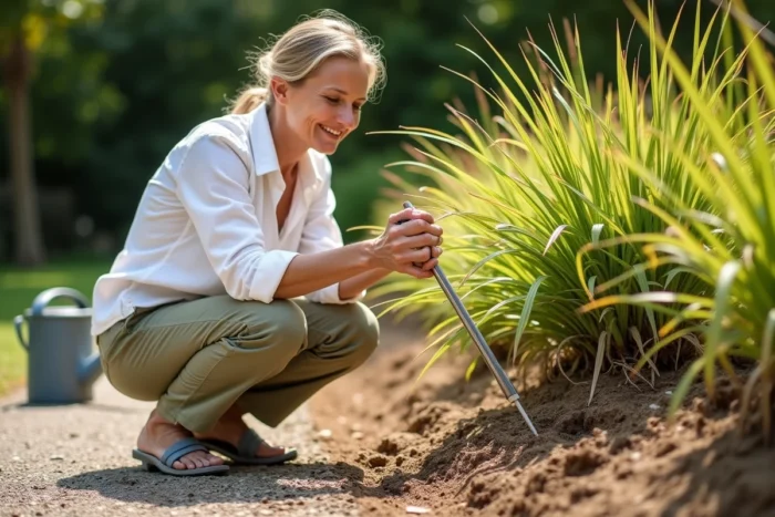 Femme vérifiant l'humidité du sol avec une sonde pendant un épisode de canicule pour adapter l'arrosage