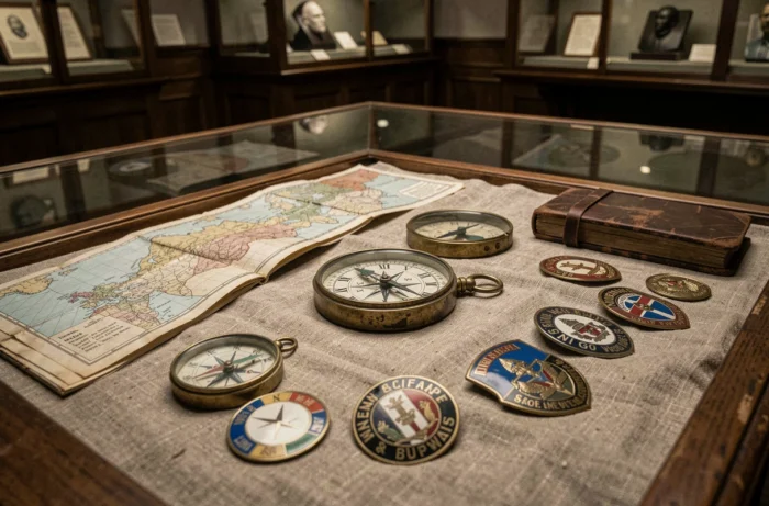 Vitrine de musée présentant des artefacts militaires authentiques de la Seconde Guerre mondiale, dont des cartes d'époque, des compas en laiton et des insignes de nations alliées et de l'Axe