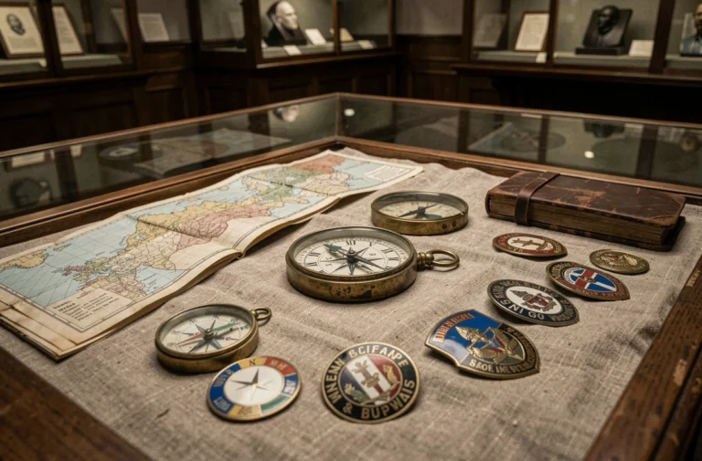Vitrine de musée présentant des artefacts militaires authentiques de la Seconde Guerre mondiale, dont des cartes d'époque, des compas en laiton et des insignes de nations alliées et de l'Axe