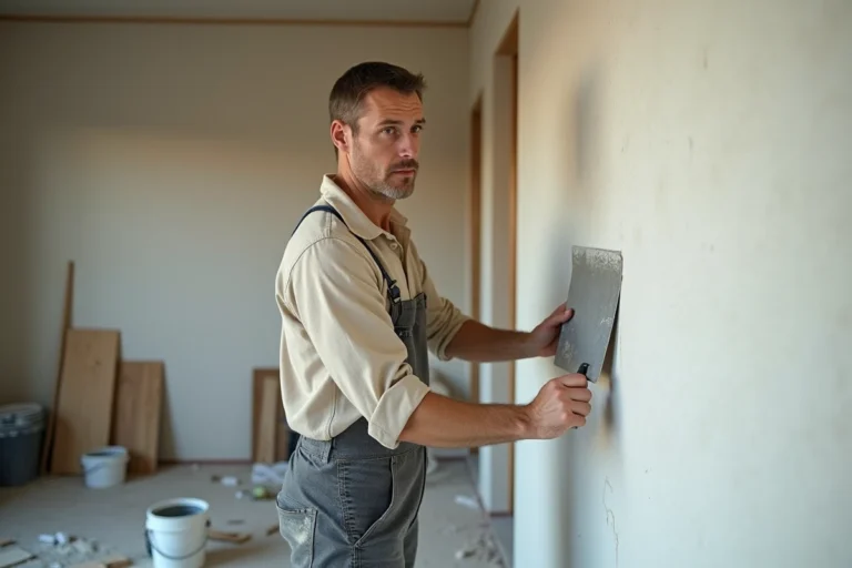 Artisan professionnel appliquant du plâtre sur un mur lors de travaux de rénovation intérieure
