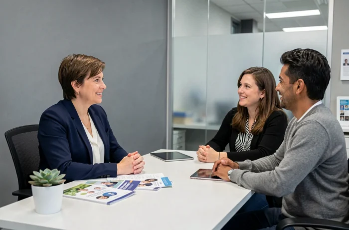 Assistante sociale accompagnant un couple dans un bureau de services familiaux moderne