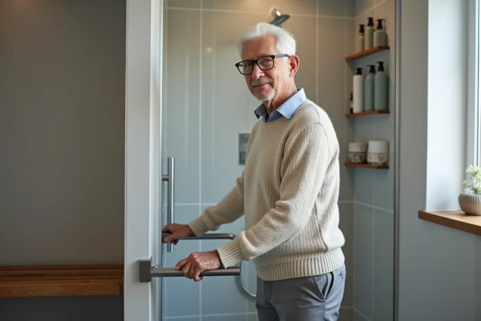 Homme âgé utilisant une barre d'appui dans une salle de bain aménagée pour seniors