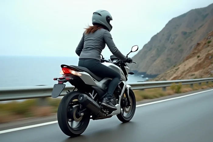 Femme pilotant une Benda 125 en mouvement sur une route côtière avec mer et falaises en arrière-plan