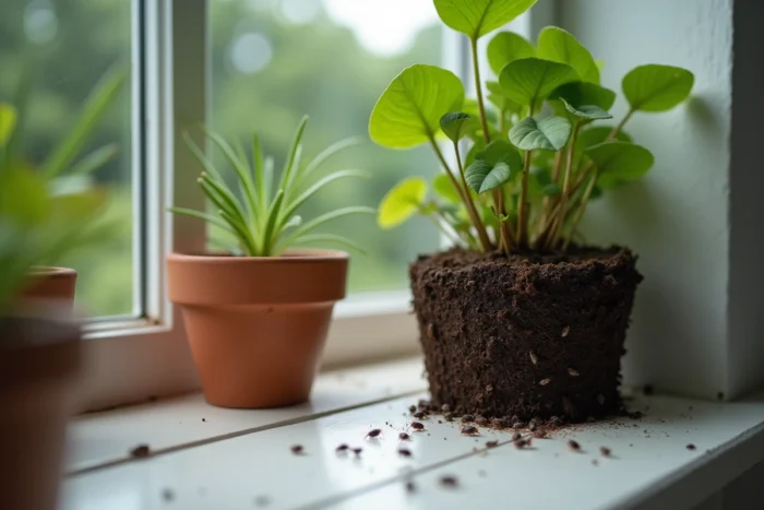 Petites bêtes noires sautantes dans la terre d'une plante d'intérieur posée sur un rebord de fenêtre