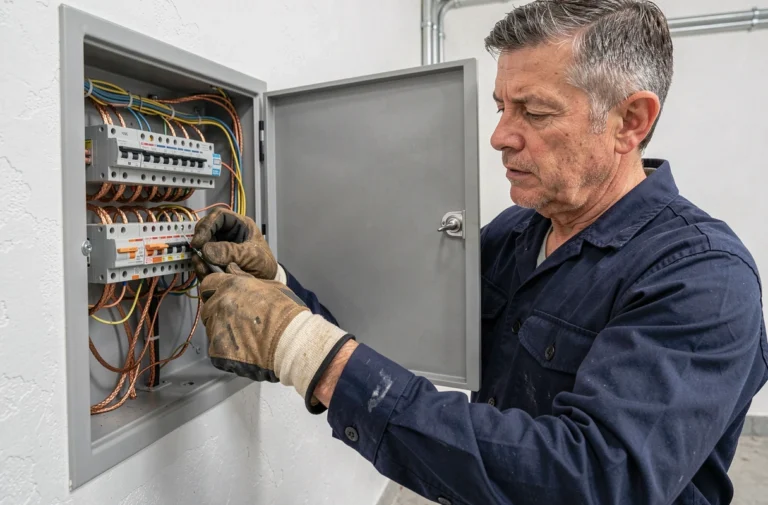 Électricien professionnel effectuant le branchement de fils électriques dans un tableau de distribution résidentiel