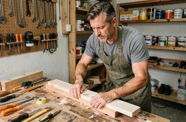 Homme bricoleur mesurant une planche en bois dans un atelier de garage bien équipé, guide pratique du bricolage pour débutants