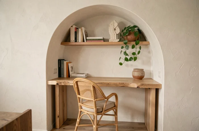 Bureau à domicile avec arche en plâtre, bureau en frêne massif et chaise en rotin vintage, tendances aménagement intérieur 2024