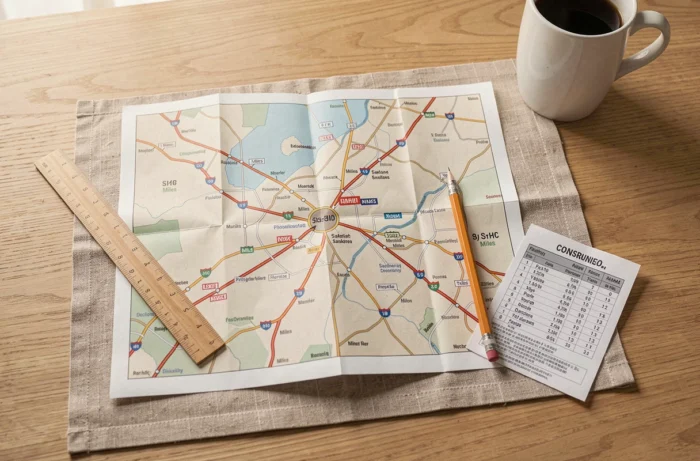 Vue aérienne d'une carte routière avec des marqueurs en miles, une règle et un tableau de conversion en kilomètres sur une table en bois