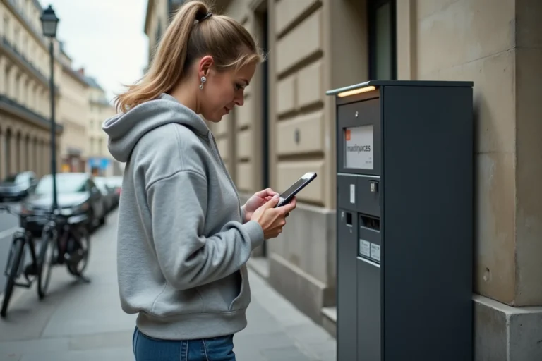Femme utilisant un casier automatique de retrait de colis dans une rue de Bordeaux