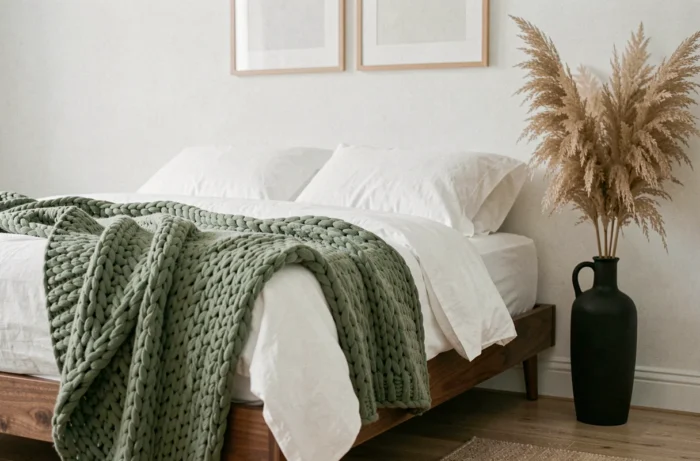 Chambre japandi avec cadre de lit en noyer, linge de lit en lin blanc et plaid en laine sauge, tendances décoration maison 2024