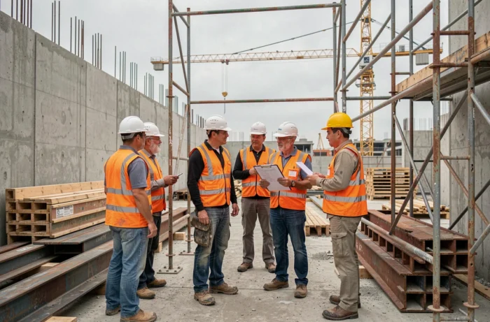 Ouvriers sur un chantier de construction urbain discutant des coûts et de l'avancement des travaux