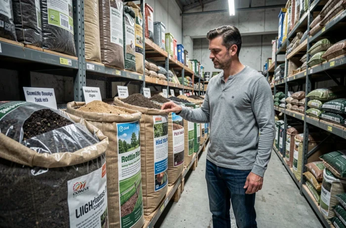 Homme comparant des sacs de terre végétale et compost dans une jardinerie