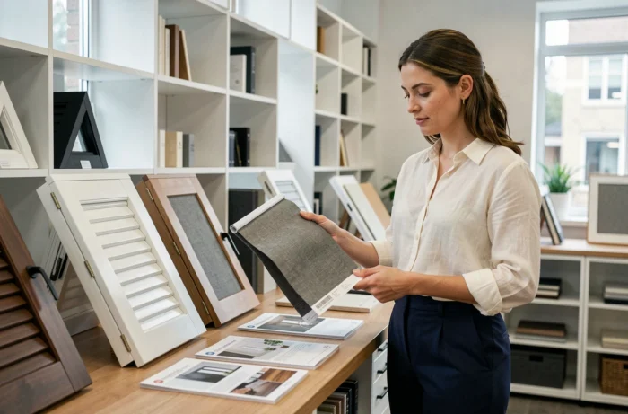 Designer intérieure comparant des échantillons de volets roulants pour fenêtre triangulaire dans un showroom spécialisé