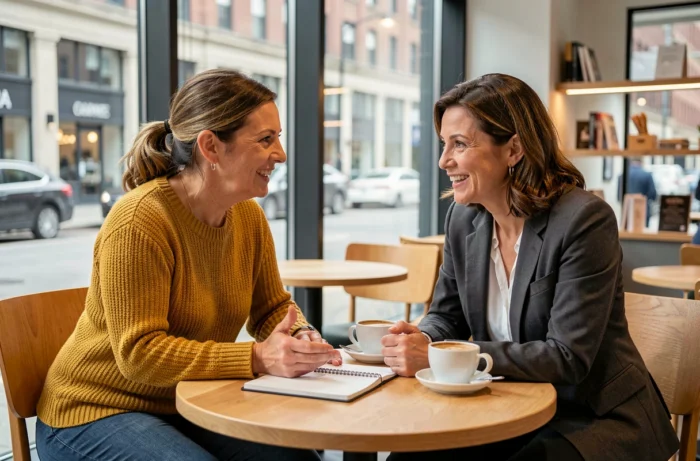 Deux femmes entrepreneures en séance de coaching dans un café moderne avec vue sur la ville
