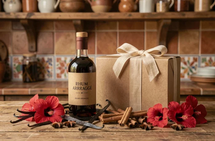 Coffret cadeau rhum arrangé avec épices et vanille sur table en bois rustique