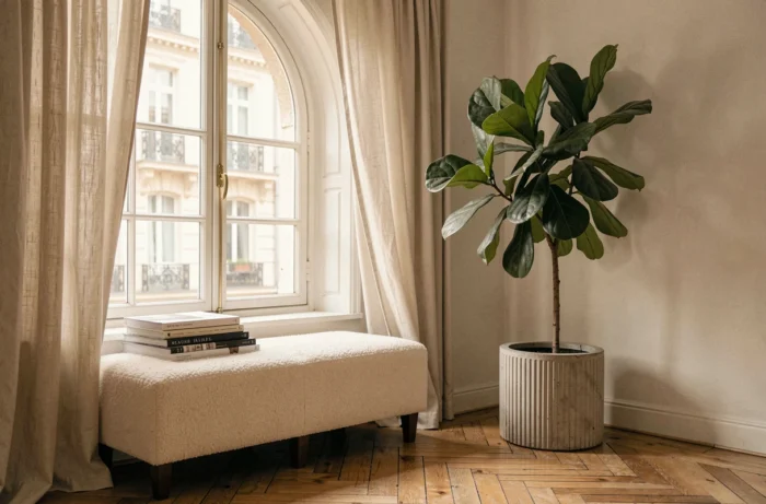 Coin lecture cosy dans un appartement haussmannien avec une banquette en bouclé, un figuier lyré et des rideaux en lin près d'une fenêtre en arc