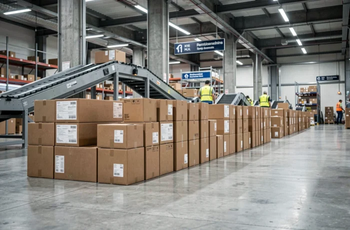 Rangée de colis en carton organisés dans un entrepôt de livraison moderne