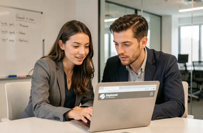 Deux collaborateurs BNP Paribas consultant ensemble le guide de connexion au portail RH Alis sur un ordinateur portable en salle de réunion