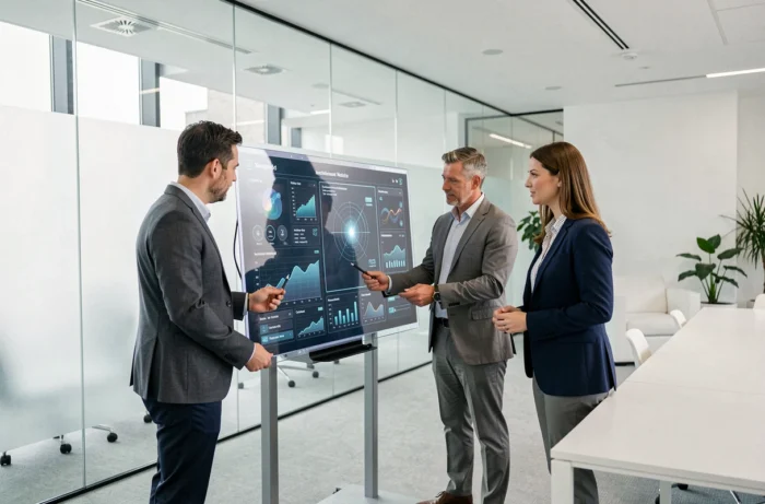 Deux professionnels collaborant devant un écran OLED transparent affichant des interfaces IA en 2024