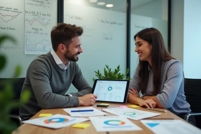 Deux professionnels du marketing collaborant sur des indicateurs de performance SEO autour d'une table de réunion avec des graphiques et un tablet