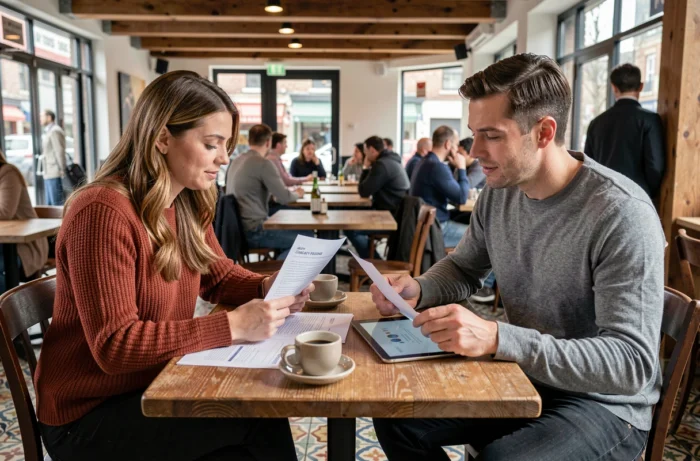 Deux professionnels indépendants collaborant autour de documents dans un café urbain lors d'une réunion informelle