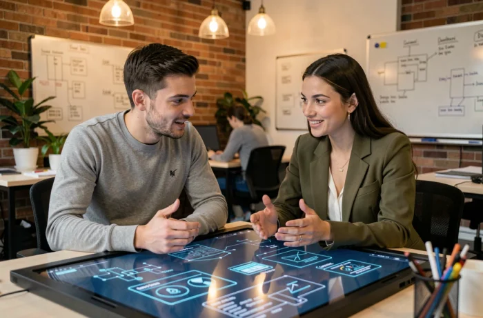 Deux jeunes professionnels collaborant sur des projets d'intelligence artificielle et d'innovation numérique dans un espace de coworking