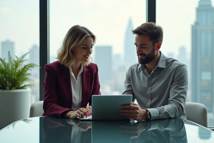 Deux professionnels collaborant sur une tablette pour explorer des services de croissance commerciale dans une salle de réunion moderne