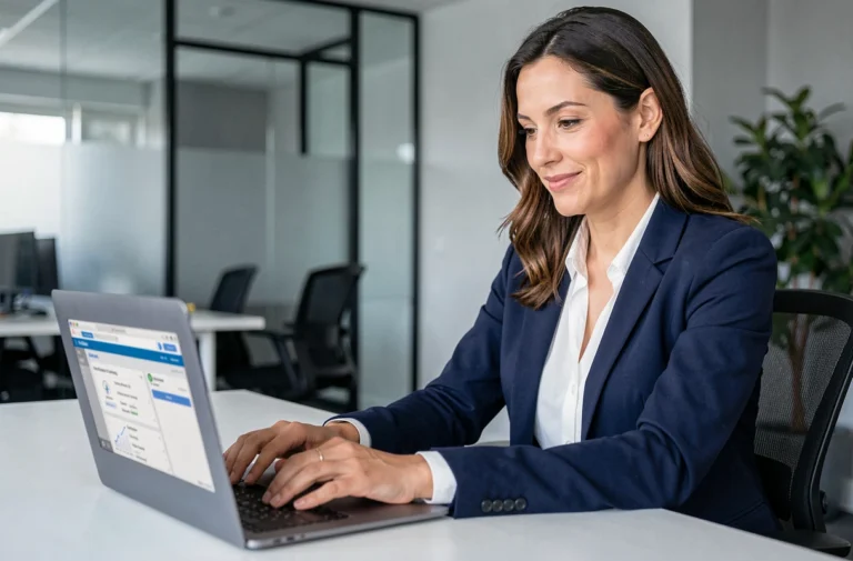 Collaboratrice BNP Paribas connectée au portail RH Alis sur un ordinateur portable dans un bureau moderne