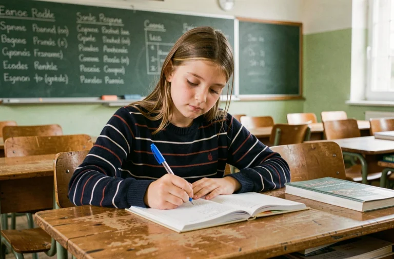 Collégienne concentrée qui écrit des exercices de classes grammaticales dans un cahier sur un bureau en bois en classe