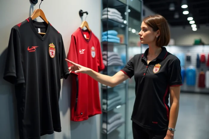 Comparaison de deux maillots de football en boutique pour identifier la qualité supérieure d'un Bastard München authentique