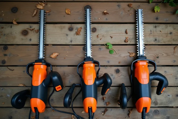 Comparaison de trois modèles de taille-haies électriques posés sur un établi en bois dans un atelier de jardin
