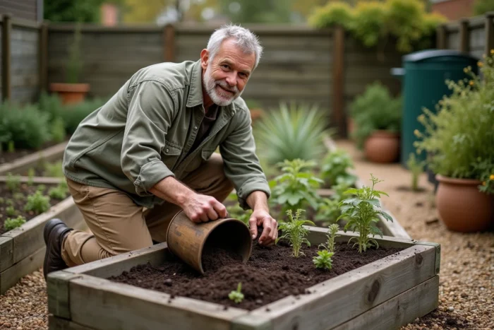 Homme appliquant du compost de surface sur une plate-bande surélevée en bois lors d'un changement de saison