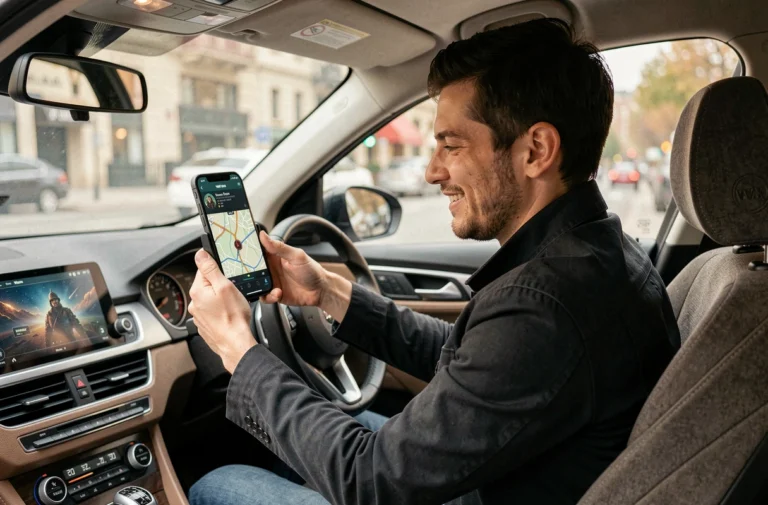 Conducteur souriant regardant l'application Waze avec voix Star Wars sur son smartphone monté dans une voiture moderne