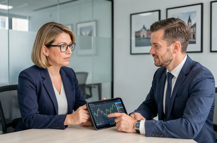 Femme consultant un conseiller bancaire pour simuler un prêt immobilier modulable, financement Modulimmo