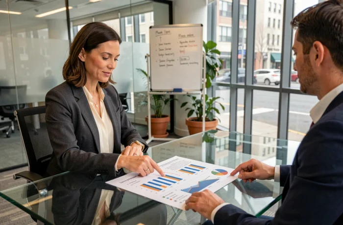 Consultante immobilière présentant des graphiques de tendances des prix de construction à un client en agence