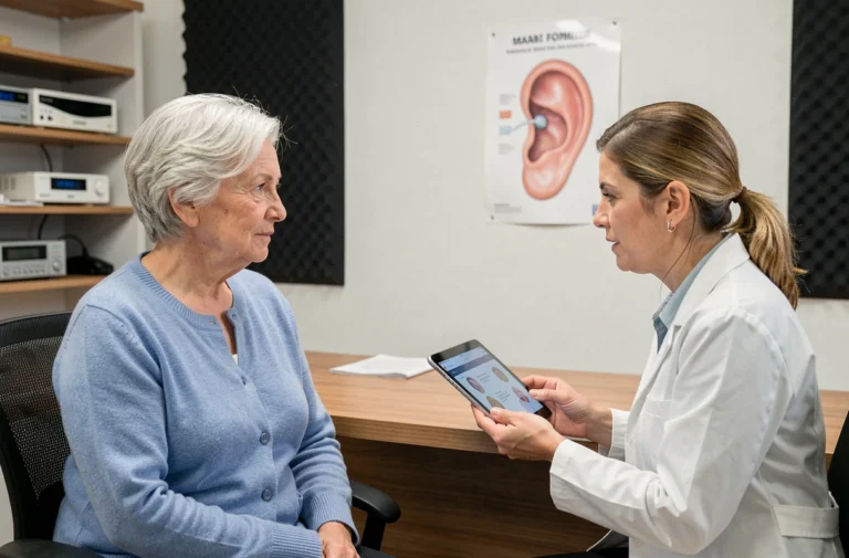 Une femme senior en consultation chez un audioprothésiste dans un centre auditif moderne, comparant les offres Audika et Amplifon