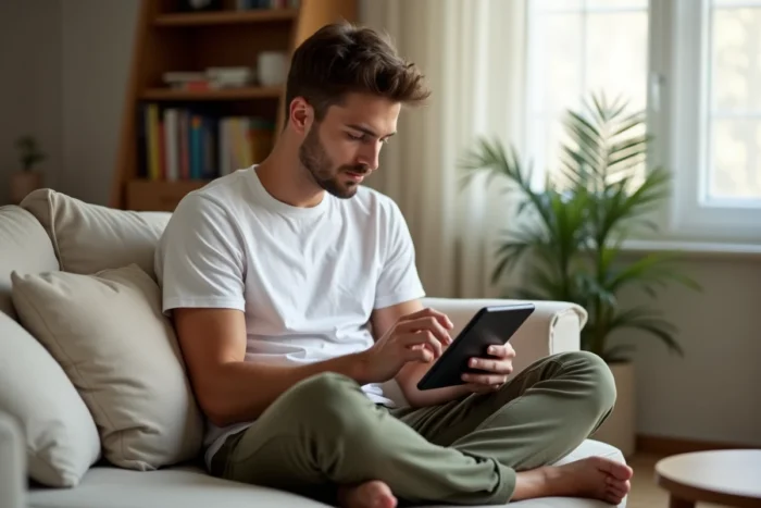 Jeune adulte consultant ses emails sur une tablette dans un salon confortable et lumineux