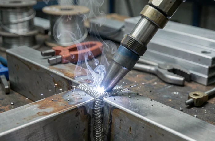 Gros plan sur un cordon de soudure MIG en cours de réalisation sur un assemblage aluminium en T